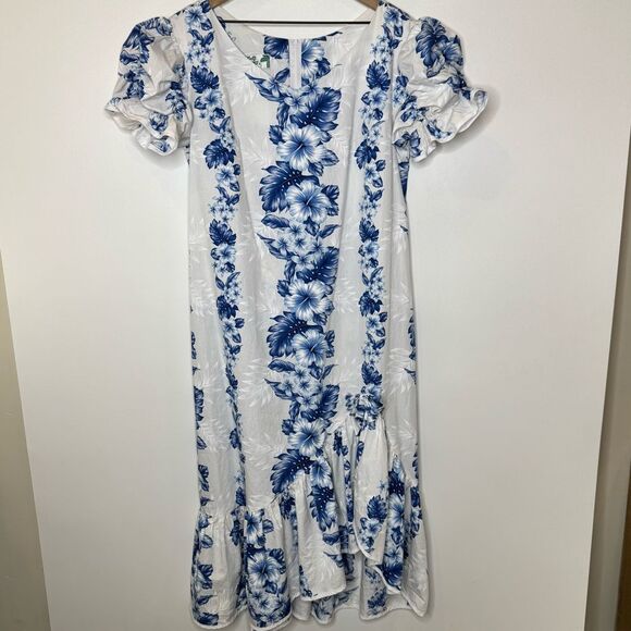 Two Palms white blue Tropical Floral Puff Sleeves Bottom Ruffle Maxi Dress 2XL - Picture 2 of 13